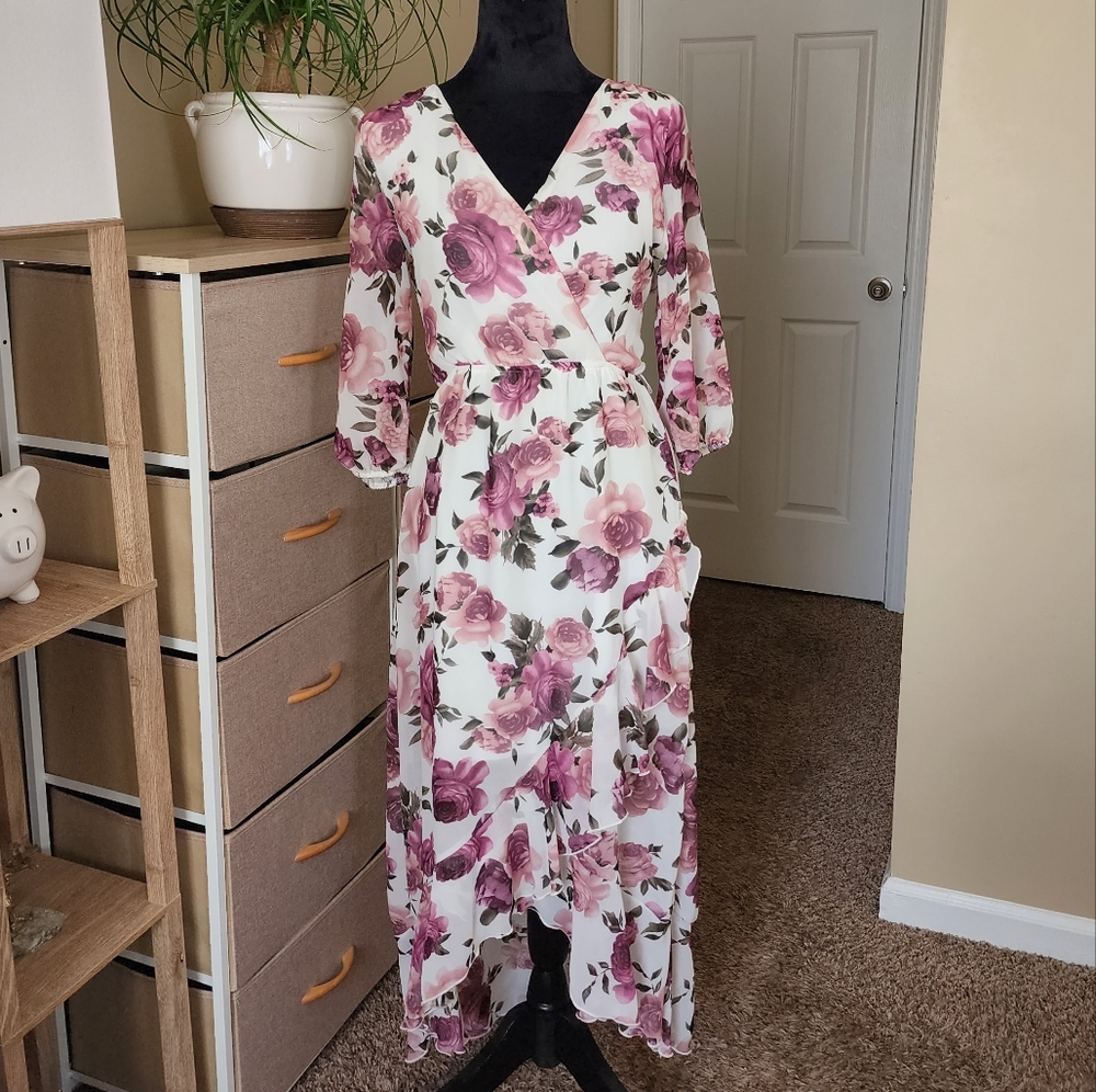 Floral Flowy Hugh-Low Dress, Size S, Long Sleeve, Modest